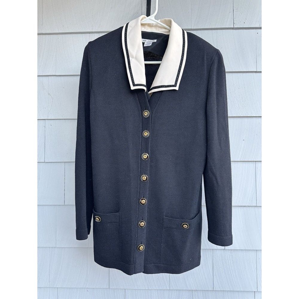 Vintage St. John Nautical Theme Black‎ Wool Blend Cardigan w/ Removable Collar